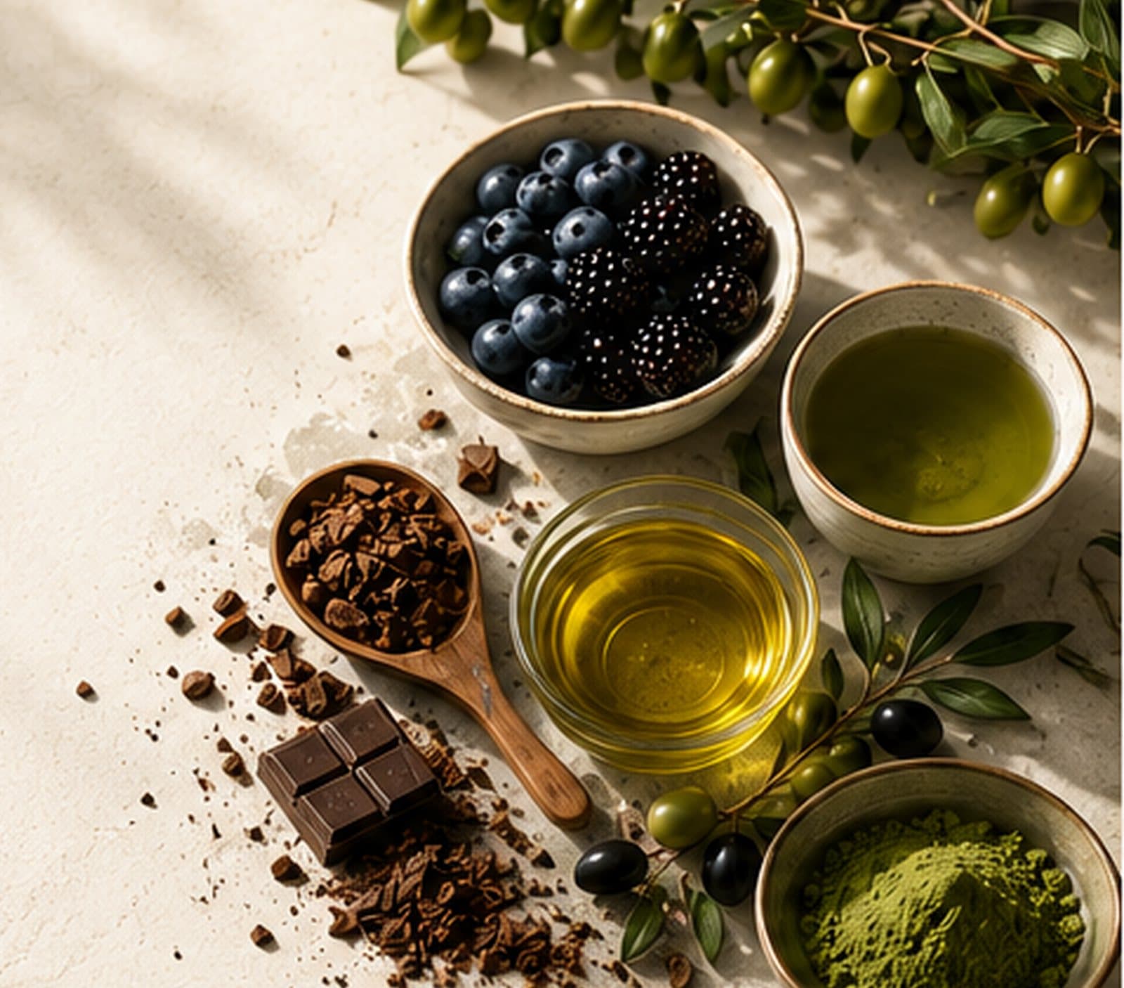 Blueberries, blackberries, cacao nibs, dark chocolate, olive oil, green tea and olives on a sunlit stone table